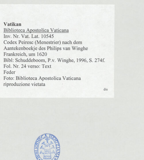 Rückseite von Biblioteca Apostolica Vaticana [https://www.deutsche-digitale-bibliothek.de/content/lizenzen/rv-ez/] Codex Peiresc (Menestrier) nach dem Aantekenboekje des Philips van WingheText - , bh520912_recto. Foto.
