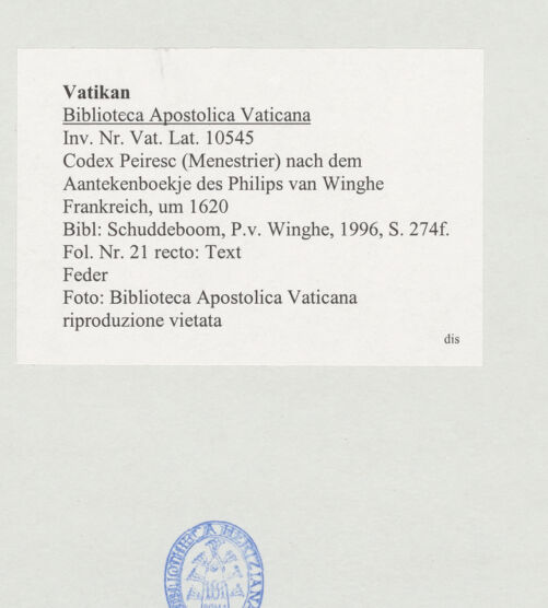 Rückseite von Biblioteca Apostolica Vaticana [https://www.deutsche-digitale-bibliothek.de/content/lizenzen/rv-ez/] Codex Peiresc (Menestrier) nach dem Aantekenboekje des Philips van WingheText - , bh520919_recto. Foto.