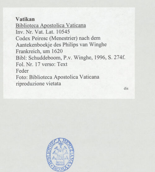 Rückseite von Biblioteca Apostolica Vaticana [https://www.deutsche-digitale-bibliothek.de/content/lizenzen/rv-ez/] Codex Peiresc (Menestrier) nach dem Aantekenboekje des Philips van WingheText - , bh520926_recto. Foto.