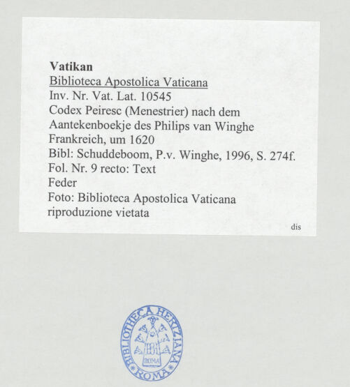 Rückseite von Biblioteca Apostolica Vaticana [https://www.deutsche-digitale-bibliothek.de/content/lizenzen/rv-ez/] Codex Peiresc (Menestrier) nach dem Aantekenboekje des Philips van WingheText - , bh520943_recto. Foto.