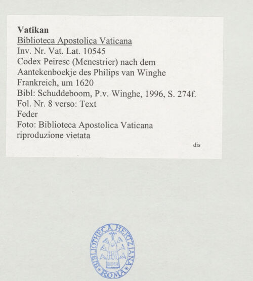 Rückseite von Biblioteca Apostolica Vaticana [https://www.deutsche-digitale-bibliothek.de/content/lizenzen/rv-ez/] Codex Peiresc (Menestrier) nach dem Aantekenboekje des Philips van WingheText - , bh520944_recto. Foto.
