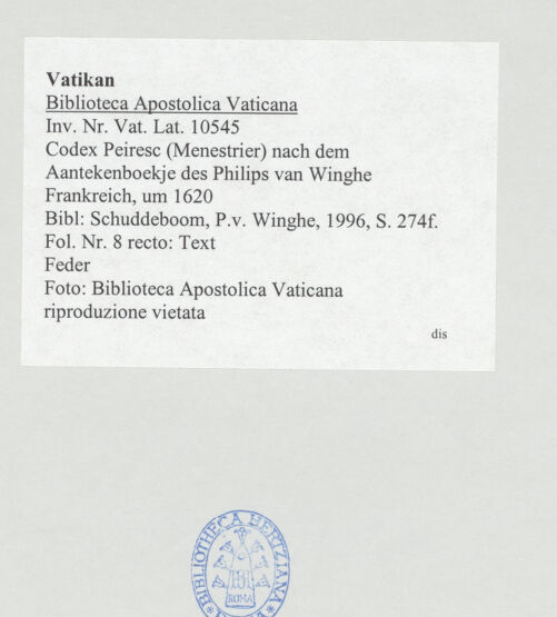 Rückseite von Biblioteca Apostolica Vaticana [https://www.deutsche-digitale-bibliothek.de/content/lizenzen/rv-ez/] Codex Peiresc (Menestrier) nach dem Aantekenboekje des Philips van WingheText - , bh520945_recto. Foto.