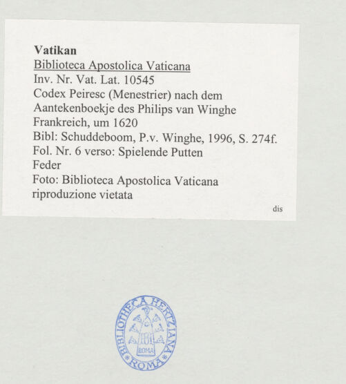 Rückseite von Biblioteca Apostolica Vaticana [https://www.deutsche-digitale-bibliothek.de/content/lizenzen/rv-ez/] Codex Peiresc (Menestrier) nach dem Aantekenboekje des Philips van WingheSpielende Putten - , bh520948_recto. Foto.