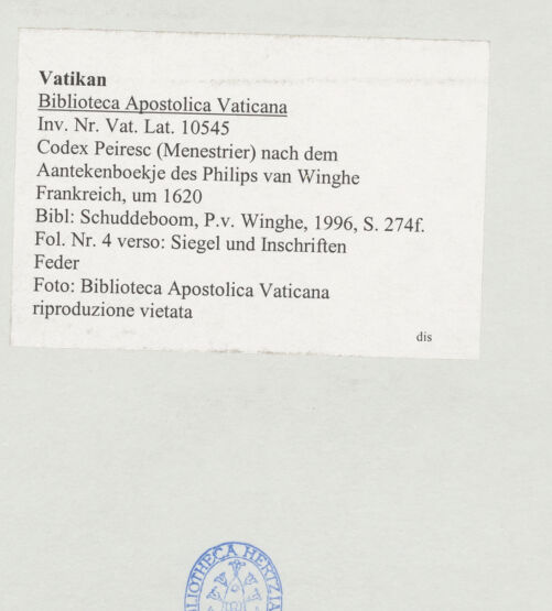Rückseite von Biblioteca Apostolica Vaticana [https://www.deutsche-digitale-bibliothek.de/content/lizenzen/rv-ez/] Codex Peiresc (Menestrier) nach dem Aantekenboekje des Philips van WingheSiegel und Essensaufträger - , bh520954_recto. Foto.