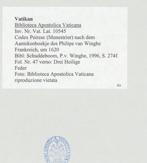 Rückseite von Biblioteca Apostolica Vaticana [https://www.deutsche-digitale-bibliothek.de/content/lizenzen/rv-ez/] Codex Peiresc (Menestrier) nach dem Aantekenboekje des Philips van WingheDrei Heilige - , bh520969_recto. Foto.