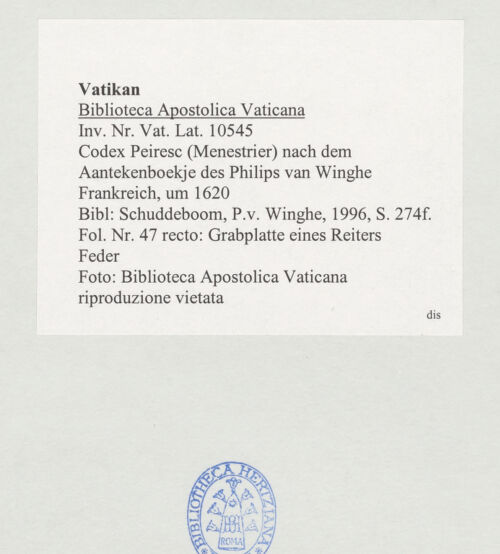 Rückseite von Biblioteca Apostolica Vaticana [https://www.deutsche-digitale-bibliothek.de/content/lizenzen/rv-ez/] Codex Peiresc (Menestrier) nach dem Aantekenboekje des Philips van WingheGrabplatte eines Reiters - , bh520970_recto. Foto.
