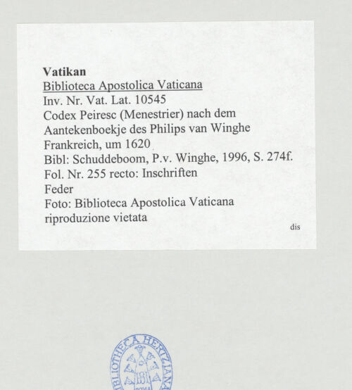 Rückseite von Biblioteca Apostolica Vaticana [https://www.deutsche-digitale-bibliothek.de/content/lizenzen/rv-ez/] Codex Peiresc (Menestrier) nach dem Aantekenboekje des Philips van WingheInschriften - , bh521111_recto. Foto.