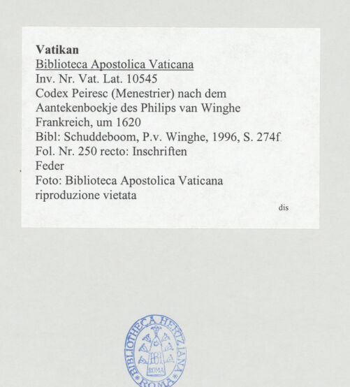 Rückseite von Biblioteca Apostolica Vaticana [https://www.deutsche-digitale-bibliothek.de/content/lizenzen/rv-ez/] Codex Peiresc (Menestrier) nach dem Aantekenboekje des Philips van WingheInschriften - , bh521121_recto. Foto.