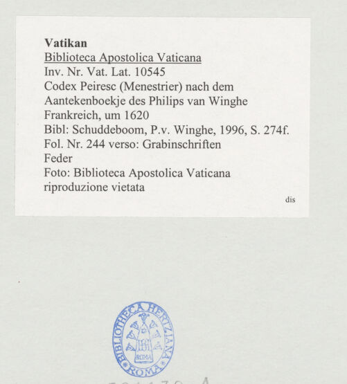 Rückseite von Biblioteca Apostolica Vaticana [https://www.deutsche-digitale-bibliothek.de/content/lizenzen/rv-ez/] Codex Peiresc (Menestrier) nach dem Aantekenboekje des Philips van WingheGrabinschriften - , bh521132_recto. Foto.
