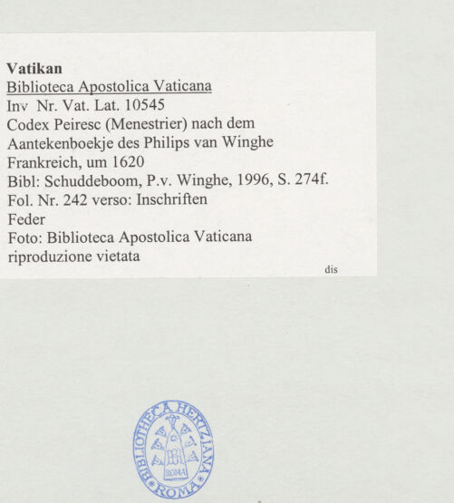 Rückseite von Biblioteca Apostolica Vaticana [https://www.deutsche-digitale-bibliothek.de/content/lizenzen/rv-ez/] Codex Peiresc (Menestrier) nach dem Aantekenboekje des Philips van WingheInschriften - , bh521136_recto. Foto.