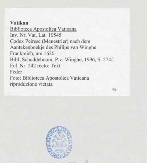 Rückseite von Biblioteca Apostolica Vaticana [https://www.deutsche-digitale-bibliothek.de/content/lizenzen/rv-ez/] Codex Peiresc (Menestrier) nach dem Aantekenboekje des Philips van WingheText - , bh521137_recto. Foto.