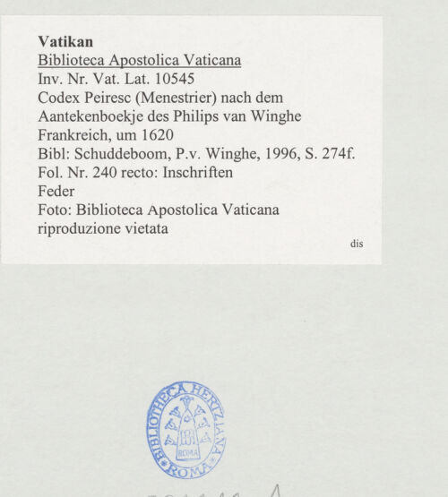 Rückseite von Biblioteca Apostolica Vaticana [https://www.deutsche-digitale-bibliothek.de/content/lizenzen/rv-ez/] Codex Peiresc (Menestrier) nach dem Aantekenboekje des Philips van WingheInschriften - , bh521141_recto. Foto.