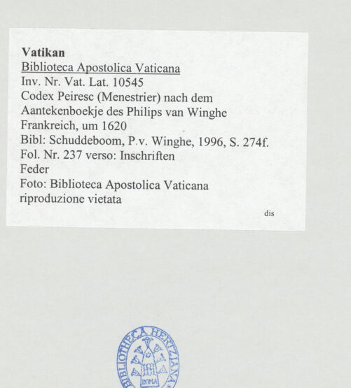 Rückseite von Biblioteca Apostolica Vaticana [https://www.deutsche-digitale-bibliothek.de/content/lizenzen/rv-ez/] Codex Peiresc (Menestrier) nach dem Aantekenboekje des Philips van WingheInschriften - , bh521146_recto. Foto.