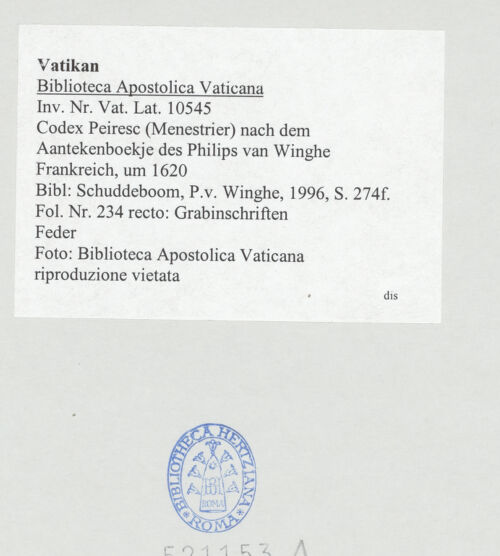 Rückseite von Biblioteca Apostolica Vaticana [https://www.deutsche-digitale-bibliothek.de/content/lizenzen/rv-ez/] Codex Peiresc (Menestrier) nach dem Aantekenboekje des Philips van WingheGrabinschriften, u.a. aus Sant' Apollinare in Rom - , bh521153_recto. Foto.