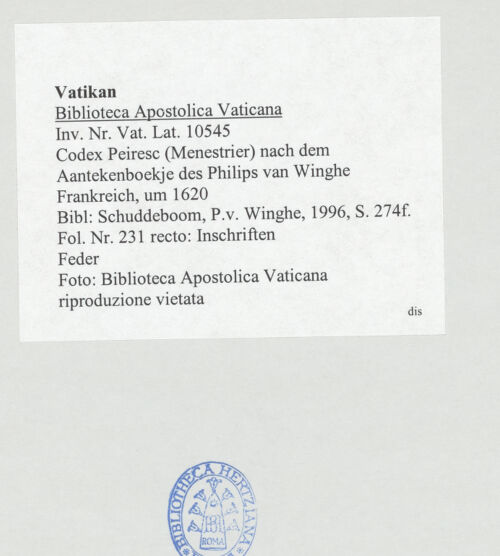 Rückseite von Biblioteca Apostolica Vaticana [https://www.deutsche-digitale-bibliothek.de/content/lizenzen/rv-ez/] Codex Peiresc (Menestrier) nach dem Aantekenboekje des Philips van WingheInschriften - , bh521159_recto. Foto.
