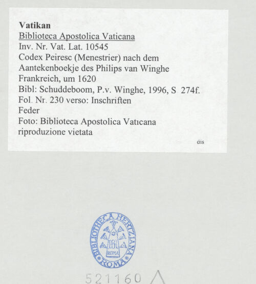 Rückseite von Biblioteca Apostolica Vaticana [https://www.deutsche-digitale-bibliothek.de/content/lizenzen/rv-ez/] Codex Peiresc (Menestrier) nach dem Aantekenboekje des Philips van WingheInschriften - , bh521160_recto. Foto.