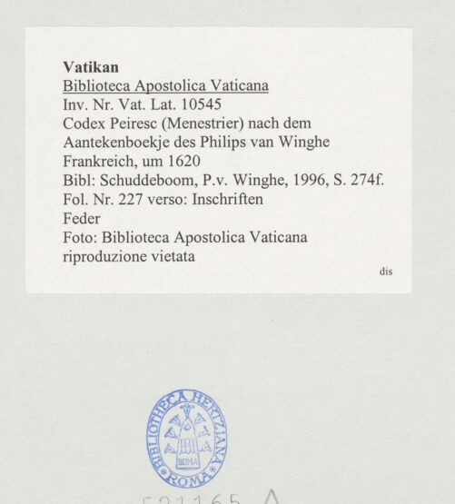 Rückseite von Biblioteca Apostolica Vaticana [https://www.deutsche-digitale-bibliothek.de/content/lizenzen/rv-ez/] Codex Peiresc (Menestrier) nach dem Aantekenboekje des Philips van WingheInschriften - , bh521165_recto. Foto.