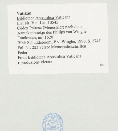Rückseite von Biblioteca Apostolica Vaticana [https://www.deutsche-digitale-bibliothek.de/content/lizenzen/rv-ez/] Codex Peiresc (Menestrier) nach dem Aantekenboekje des Philips van WingheMemorialinschriften - , bh521173_recto. Foto.