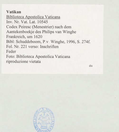 Rückseite von Biblioteca Apostolica Vaticana [https://www.deutsche-digitale-bibliothek.de/content/lizenzen/rv-ez/] Codex Peiresc (Menestrier) nach dem Aantekenboekje des Philips van WingheInschriften - , bh521177_recto. Foto.