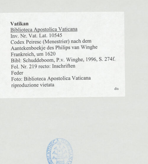 Rückseite von Biblioteca Apostolica Vaticana [https://www.deutsche-digitale-bibliothek.de/content/lizenzen/rv-ez/] Codex Peiresc (Menestrier) nach dem Aantekenboekje des Philips van WingheInschrift aus Santa Maria Maggiore in Rom - , bh521182_recto. Foto.