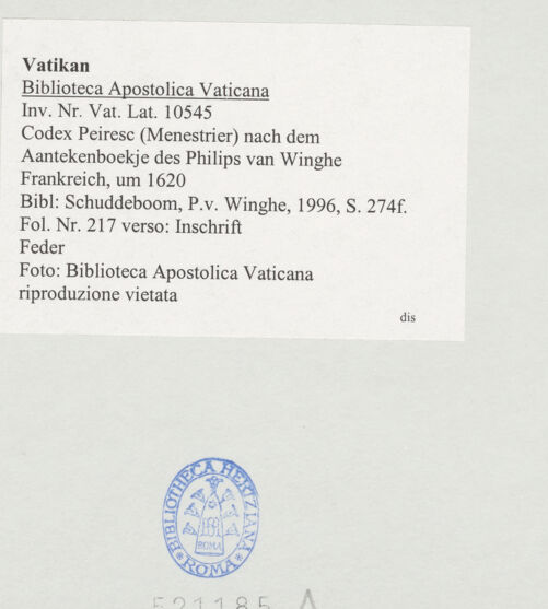 Rückseite von Biblioteca Apostolica Vaticana [https://www.deutsche-digitale-bibliothek.de/content/lizenzen/rv-ez/] Codex Peiresc (Menestrier) nach dem Aantekenboekje des Philips van WingheInschrift aus San Pancrazio in Rom - , bh521185_recto. Foto.