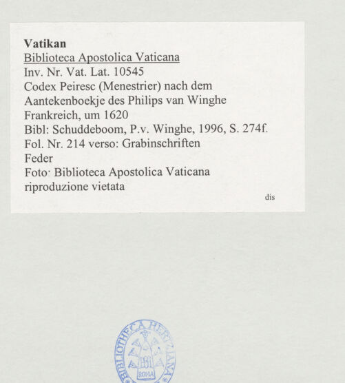 Rückseite von Biblioteca Apostolica Vaticana [https://www.deutsche-digitale-bibliothek.de/content/lizenzen/rv-ez/] Codex Peiresc (Menestrier) nach dem Aantekenboekje des Philips van WingheGrabinschriften - , bh521191_recto. Foto.