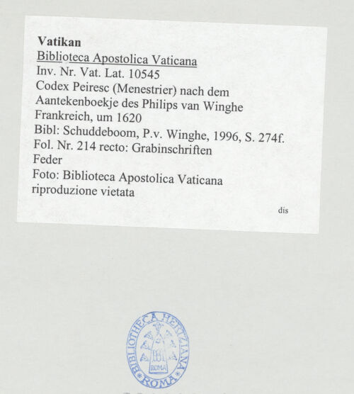 Rückseite von Biblioteca Apostolica Vaticana [https://www.deutsche-digitale-bibliothek.de/content/lizenzen/rv-ez/] Codex Peiresc (Menestrier) nach dem Aantekenboekje des Philips van WingheGrabinschriften aus Santa Cäcilia und San Saba - , bh521192_recto. Foto.