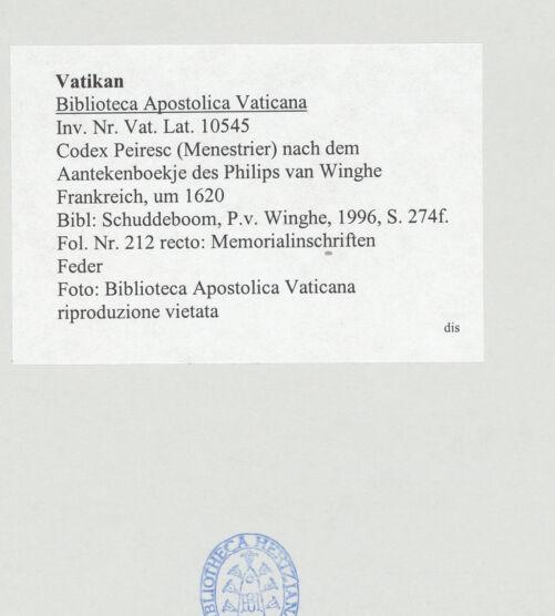 Rückseite von Biblioteca Apostolica Vaticana [https://www.deutsche-digitale-bibliothek.de/content/lizenzen/rv-ez/] Codex Peiresc (Menestrier) nach dem Aantekenboekje des Philips van WingheGrabinschriften - , bh521196_recto. Foto.