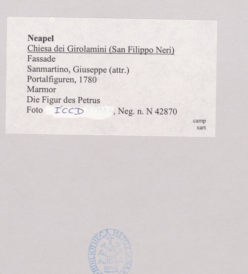 Rückseite von ICCD [https://www.deutsche-digitale-bibliothek.de/content/lizenzen/rv-ez/] Die Apostel Petrus und Paulus - Petrus, bh521659_recto. Foto.