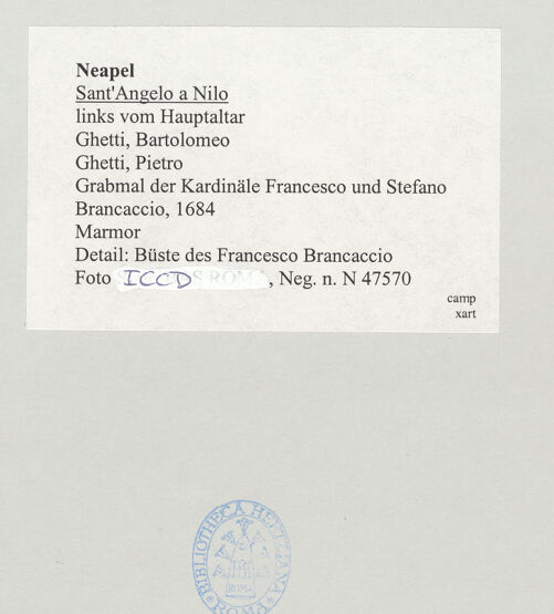 Rückseite von ICCD [https://www.deutsche-digitale-bibliothek.de/content/lizenzen/rv-ez/] Grabmal der Kardinäle Francesco und Stefano Brancaccio - Detail: Büste (des Francesco Caracciolo?), bh521665_recto. Foto.