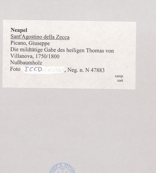 Rückseite von ICCD [https://www.deutsche-digitale-bibliothek.de/content/lizenzen/rv-ez/] Die mildtätige Gabe des heiligen Thomas von Villanova - Medaillon, bh521728_recto. Foto.