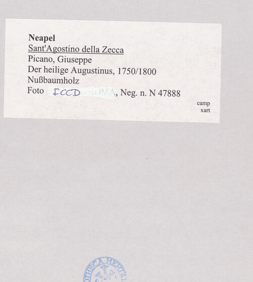 Rückseite von ICCD [https://www.deutsche-digitale-bibliothek.de/content/lizenzen/rv-ez/] Der heilige Augustinus - Gesamtansicht, bh521732_recto. Foto.