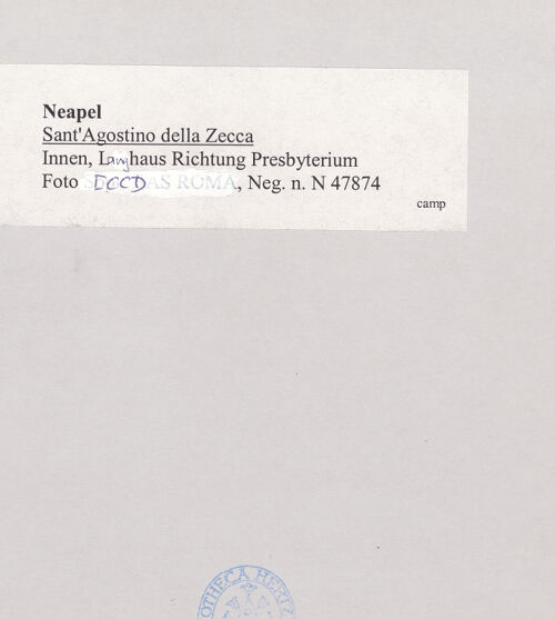 Rückseite von ICCD [https://www.deutsche-digitale-bibliothek.de/content/lizenzen/rv-ez/] Sant'Agostino alla ZeccaSant'Agostino alla Zecca - Langhaus Richtung Presbyterium, bh521737_recto. Foto.