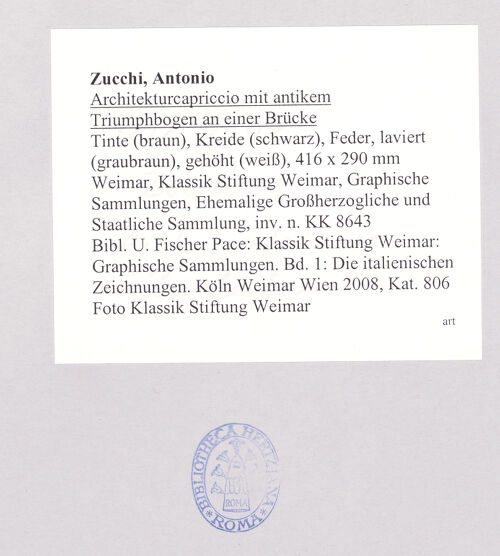 Rückseite von Klassik Stiftung Weimar [https://www.deutsche-digitale-bibliothek.de/content/lizenzen/rv-ez/] Architekturcapriccio mit antikem Triumphbogen an einer Brücke - , bh521741_recto. Foto.
