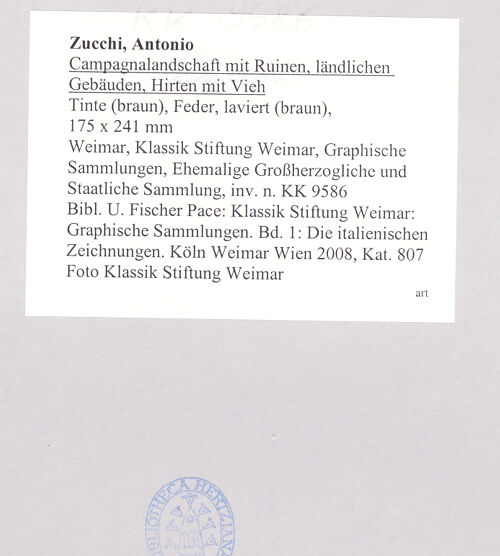 Rückseite von Klassik Stiftung Weimar [https://www.deutsche-digitale-bibliothek.de/content/lizenzen/rv-ez/] Campagnalandschaft mit Ruinen, ländlichen Gebäuden, Hirten mit Vieh - , bh521940_recto. Foto.