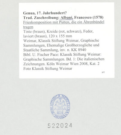 Rückseite von Klassik Stiftung Weimar, Graphische Sammlungen, Ehemalige Großherzogliche und Staatliche Sammlung [https://www.deutsche-digitale-bibliothek.de/content/lizenzen/rv-ez/] Frieskomposition mit Putten, die ein Ährenbündel tragen - , bh522024_recto. Foto.