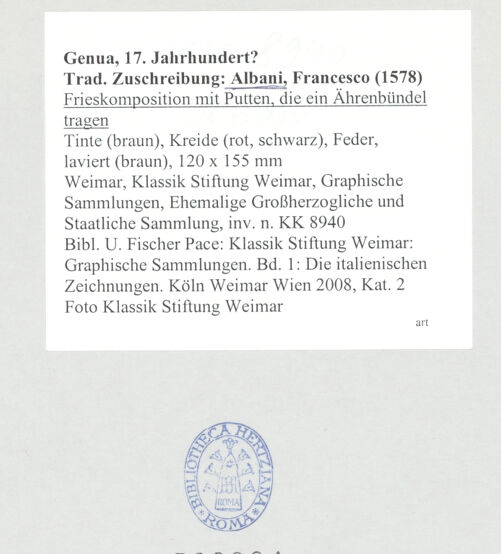 Rückseite von Klassik Stiftung Weimar, Graphische Sammlungen, Ehemalige Großherzogliche und Staatliche Sammlung [https://www.deutsche-digitale-bibliothek.de/content/lizenzen/rv-ez/] Frieskomposition mit Putten, die ein Ährenbündel tragen - , bh522024_recto. Foto.