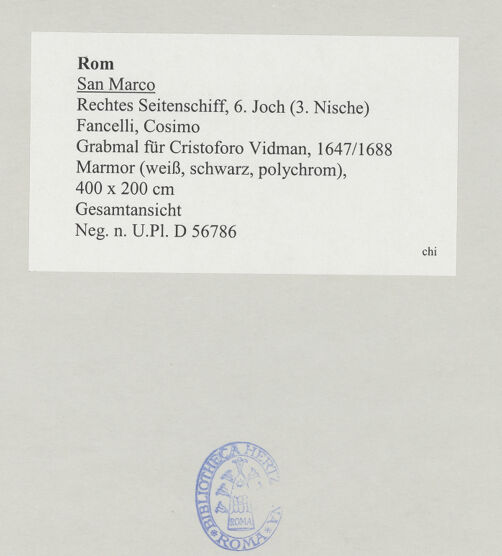 Rückseite von Bibliotheca Hertziana [https://www.deutsche-digitale-bibliothek.de/content/lizenzen/rv-fz/] Grabmal für Cristoforo Vidman - Gesamtansicht, bh523063_recto. Foto.
