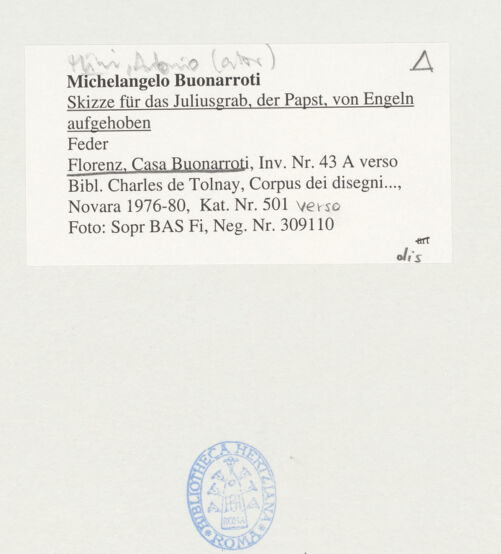 Rückseite von Sopr BAS Fi [http://creativecommons.org/publicdomain/mark/1.0/] Skizze eines sitzenden Papstes im Profil nach links, der von einer hinter ihm stehenden Figur gestützt wird (Skizze für das Grabmal Julius' II.) - , bh524013_recto. Foto.