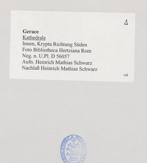 Rückseite von Bibliotheca Hertziana [https://www.deutsche-digitale-bibliothek.de/content/lizenzen/rv-fz/] Cattedrale - Innenansicht Richtung Süden, bh524797_recto. Foto: Schwarz, Heinrich Mathias.