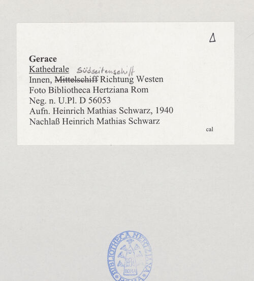 Rückseite von Bibliotheca Hertziana [https://www.deutsche-digitale-bibliothek.de/content/lizenzen/rv-fz/] CattedraleSüdseitenschiff - Blick in Richtung Innenfassade, bh524802_recto. Foto: Schwarz, Heinrich Mathias.