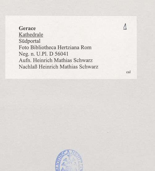 Rückseite von Bibliotheca Hertziana [https://www.deutsche-digitale-bibliothek.de/content/lizenzen/rv-fz/] CattedraleWestfassade - Rechte Hälfte der Fassade und Südportal vor der Restaurierung, bh524813_recto. Foto: Schwarz, Heinrich Mathias.