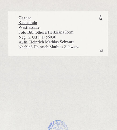 Rückseite von Bibliotheca Hertziana [https://www.deutsche-digitale-bibliothek.de/content/lizenzen/rv-fz/] CattedraleWestfassade - Mittelrisalit, oberes Teil, bh524824_recto. Foto: Schwarz, Heinrich Mathias.