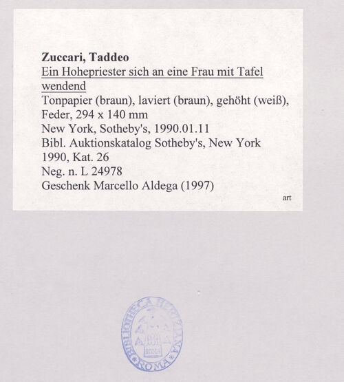 Rückseite von Sotheby's [https://www.deutsche-digitale-bibliothek.de/content/lizenzen/rv-ez/] Ein Hohepriester sich an eine Frau mit Tafel wendend - , bh524871_recto. Foto.