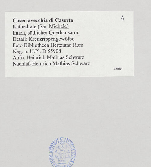Rückseite von Bibliotheca Hertziana [https://www.deutsche-digitale-bibliothek.de/content/lizenzen/rv-fz/] DuomoQuerhaus und Kuppel - Südlicher Querhausarm, Kreuzrippengewölbe, bh525111_recto. Foto: Schwarz, Heinrich Mathias.