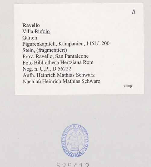 Rückseite von Bibliotheca Hertziana [https://www.deutsche-digitale-bibliothek.de/content/lizenzen/rv-fz/] Figurenkapitell - Teilansicht, bh525412_recto. Foto: Schwarz, Heinrich Mathias.