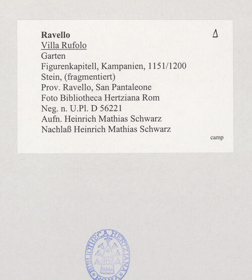 Rückseite von Bibliotheca Hertziana [https://www.deutsche-digitale-bibliothek.de/content/lizenzen/rv-fz/] Figurenkapitell - Teilansicht, bh525413_recto. Foto: Schwarz, Heinrich Mathias.