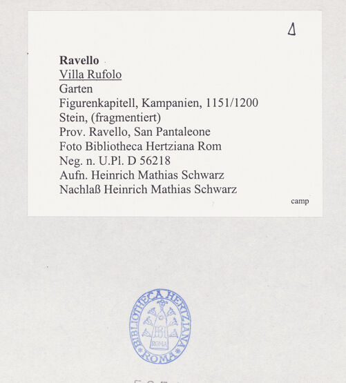 Rückseite von Bibliotheca Hertziana [https://www.deutsche-digitale-bibliothek.de/content/lizenzen/rv-fz/] Figurenkapitell - Teilansicht, bh525416_recto. Foto: Schwarz, Heinrich Mathias.