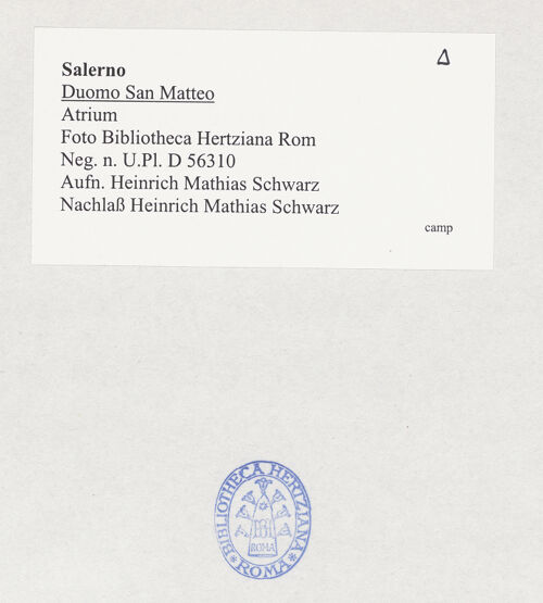 Rückseite von Bibliotheca Hertziana [https://www.deutsche-digitale-bibliothek.de/content/lizenzen/rv-fz/] Duomo & San Matteo - Narthex, bh525430_recto. Foto: Schwarz, Heinrich Mathias.