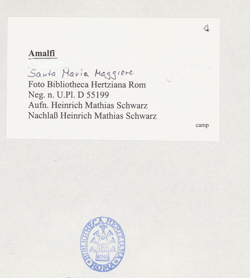 Rückseite von Bibliotheca Hertziana [https://www.deutsche-digitale-bibliothek.de/content/lizenzen/rv-fz/] Santa Maria Maggiore - Campanile und Fassade (Teilansicht), bh526281_recto. Foto: Schwarz, Heinrich Mathias.